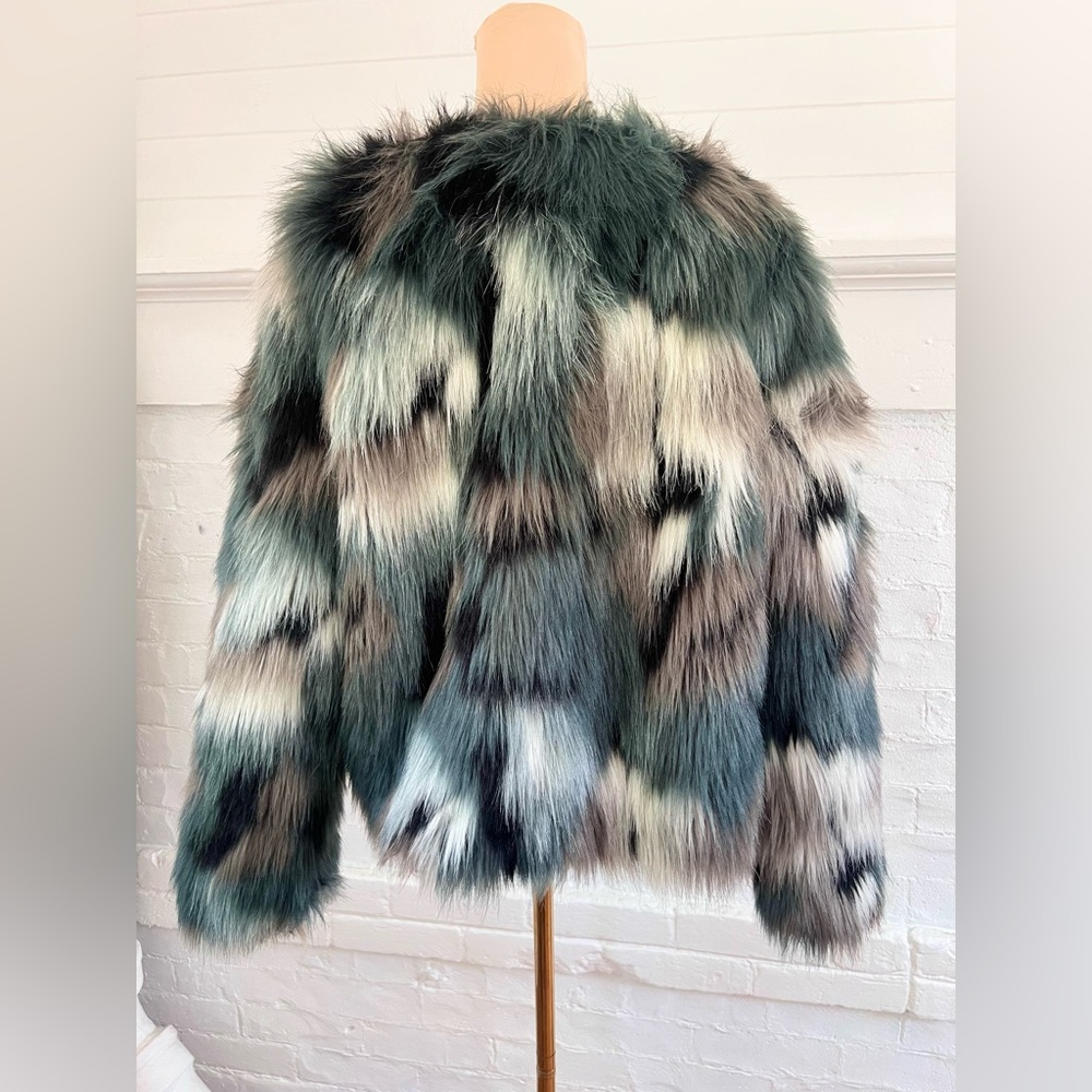 Willow And Clay Faux Fur Coat Teal Gray Multi Color Open Front Jacket Boho - Picture 6 of 12